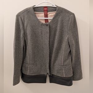 Olsen Europe Luxury Gray Blazer Leather Trim Dark Academia Size Small